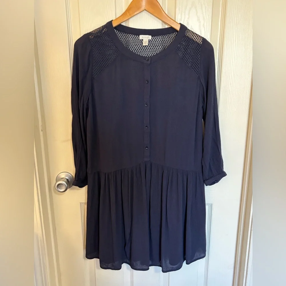 Hinge Navy Mesh Yoke Dress tunic Long Sleeve Button Front spring dress festival
